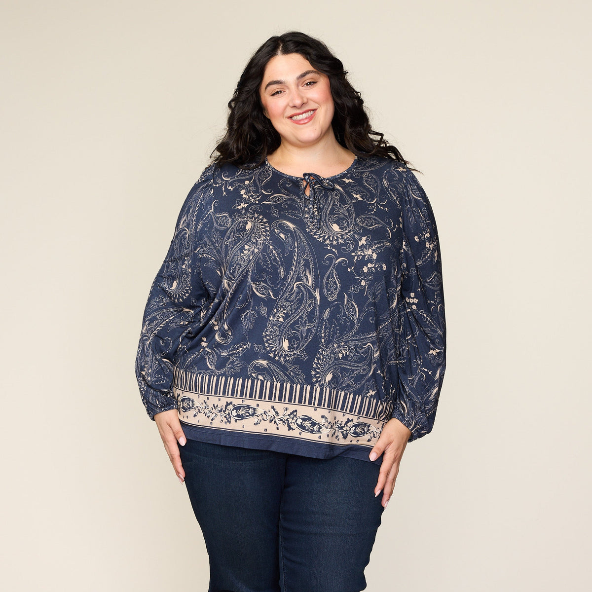 Paisley Border Print Tie Neck Top
