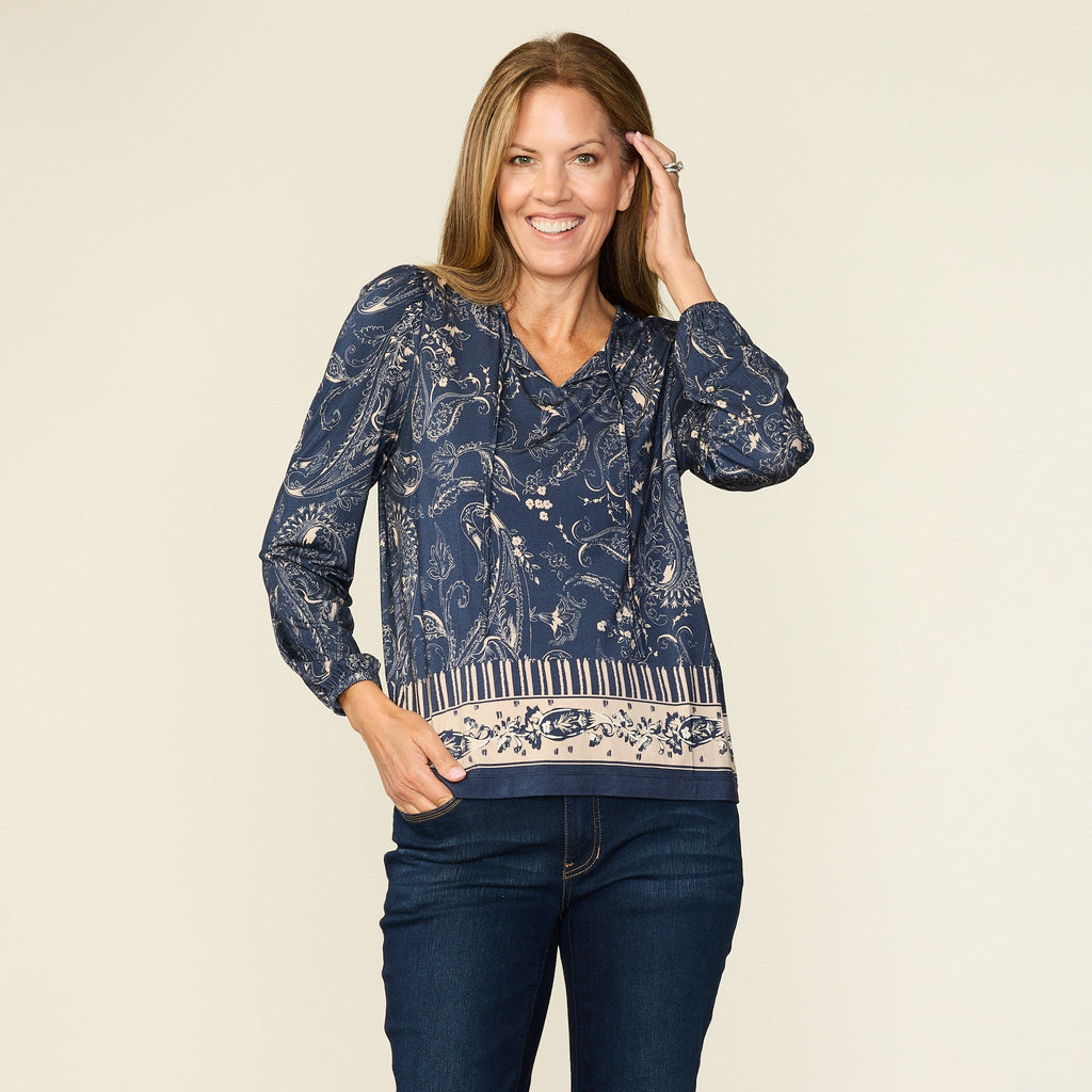 Paisley Border Print Tie Neck Top