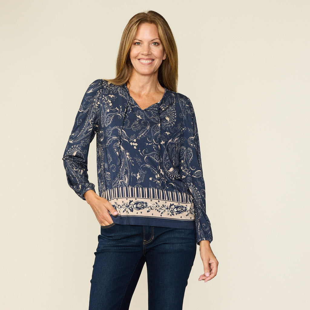 Paisley Border Print Tie Neck Top