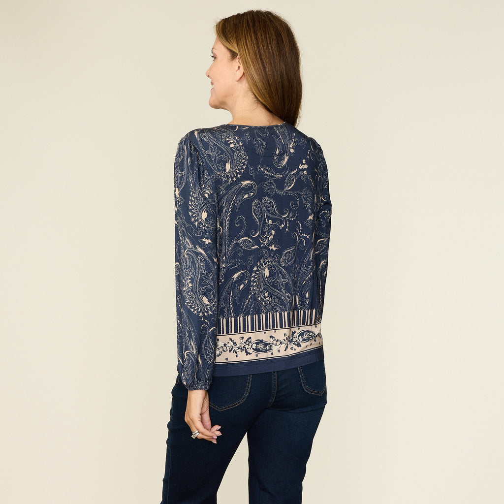 Paisley Border Print Tie Neck Top