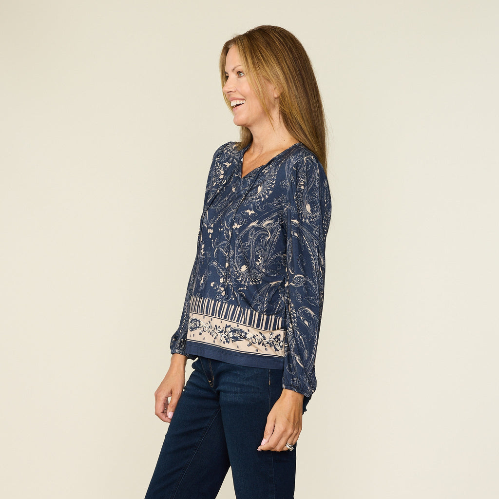 Paisley Border Print Tie Neck Top