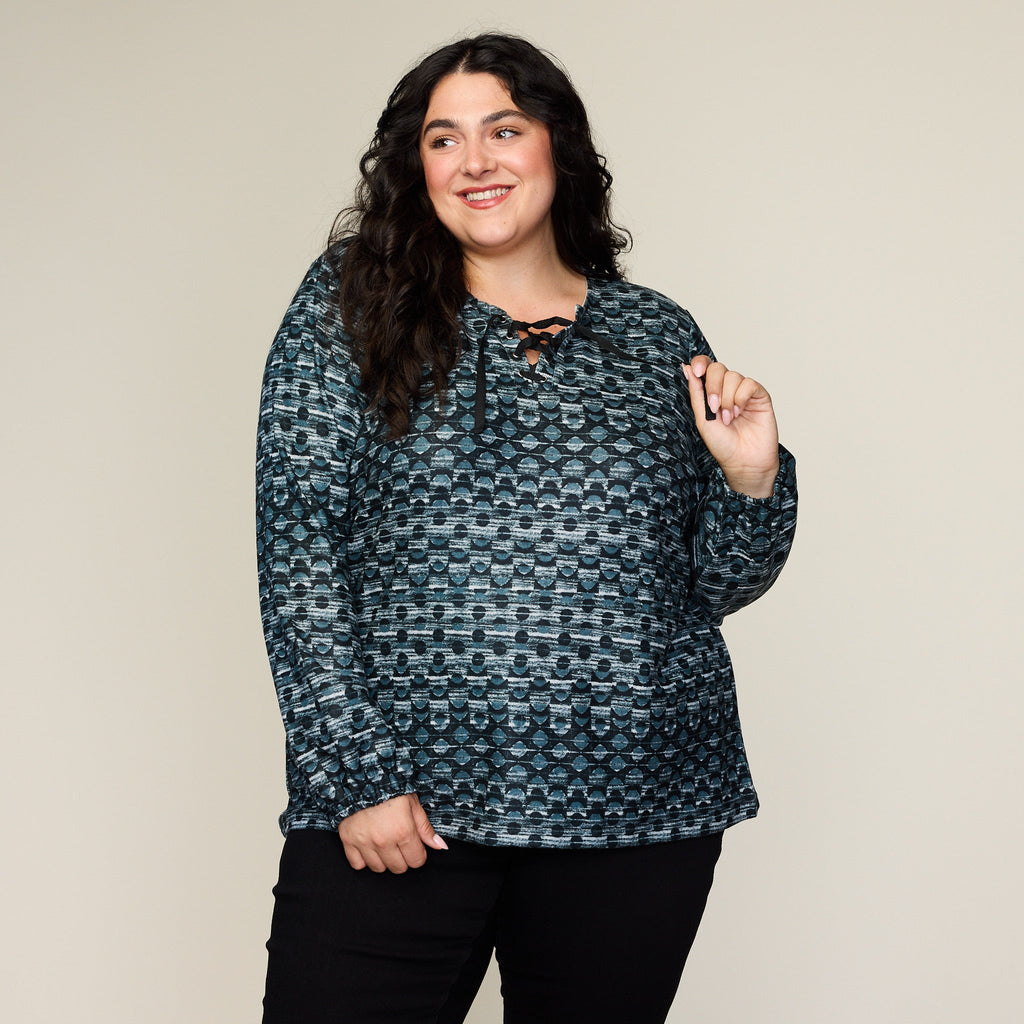 Dot Print Lace Up Neckline Top