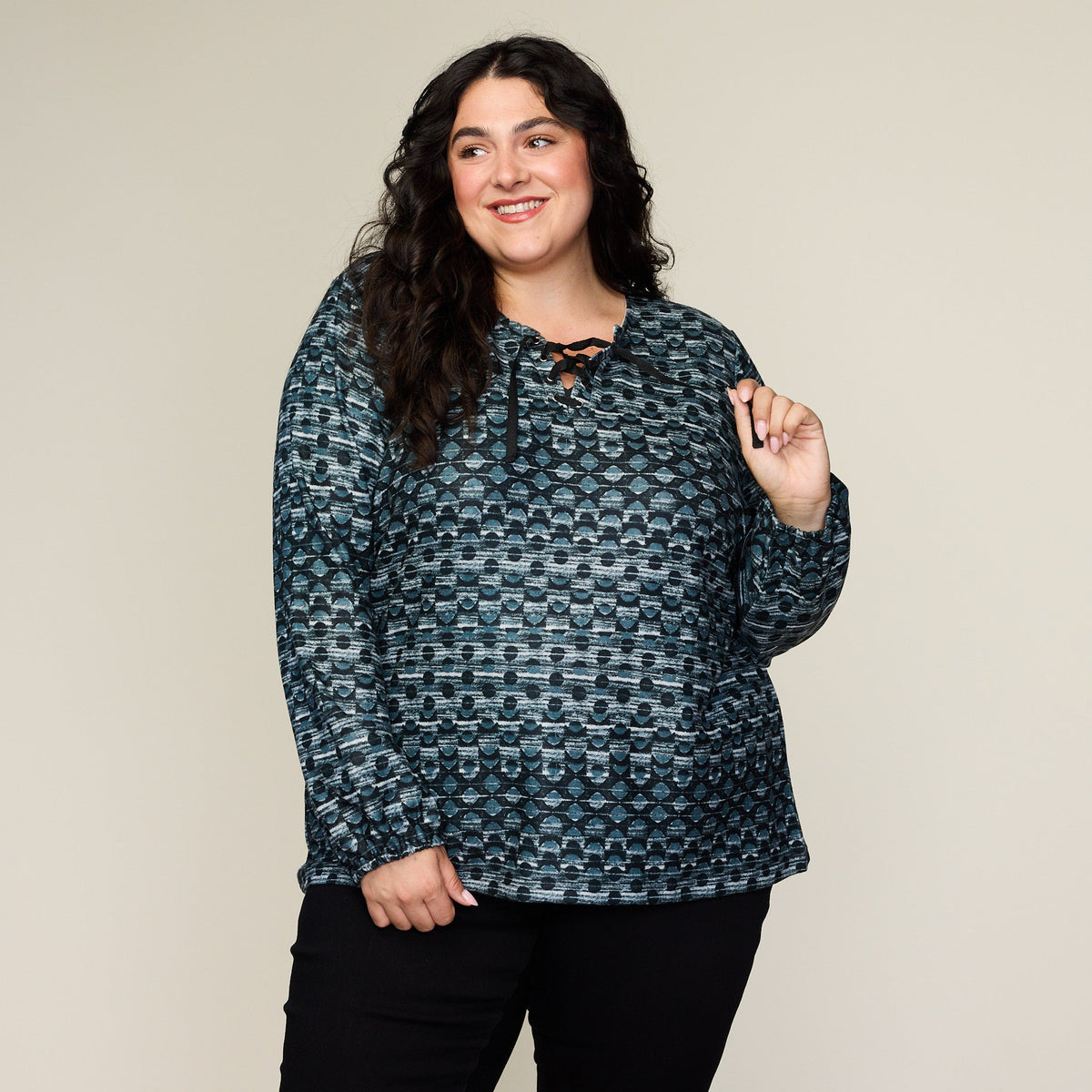 Dot Print Lace Up Neckline Top