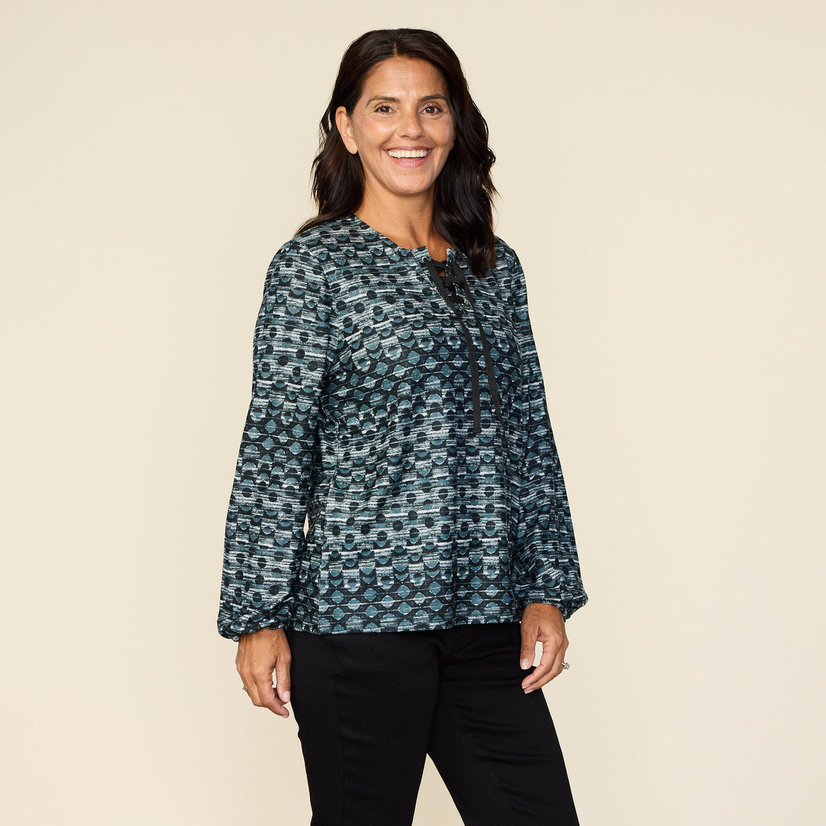 Dot Print Lace Up Neckline Top