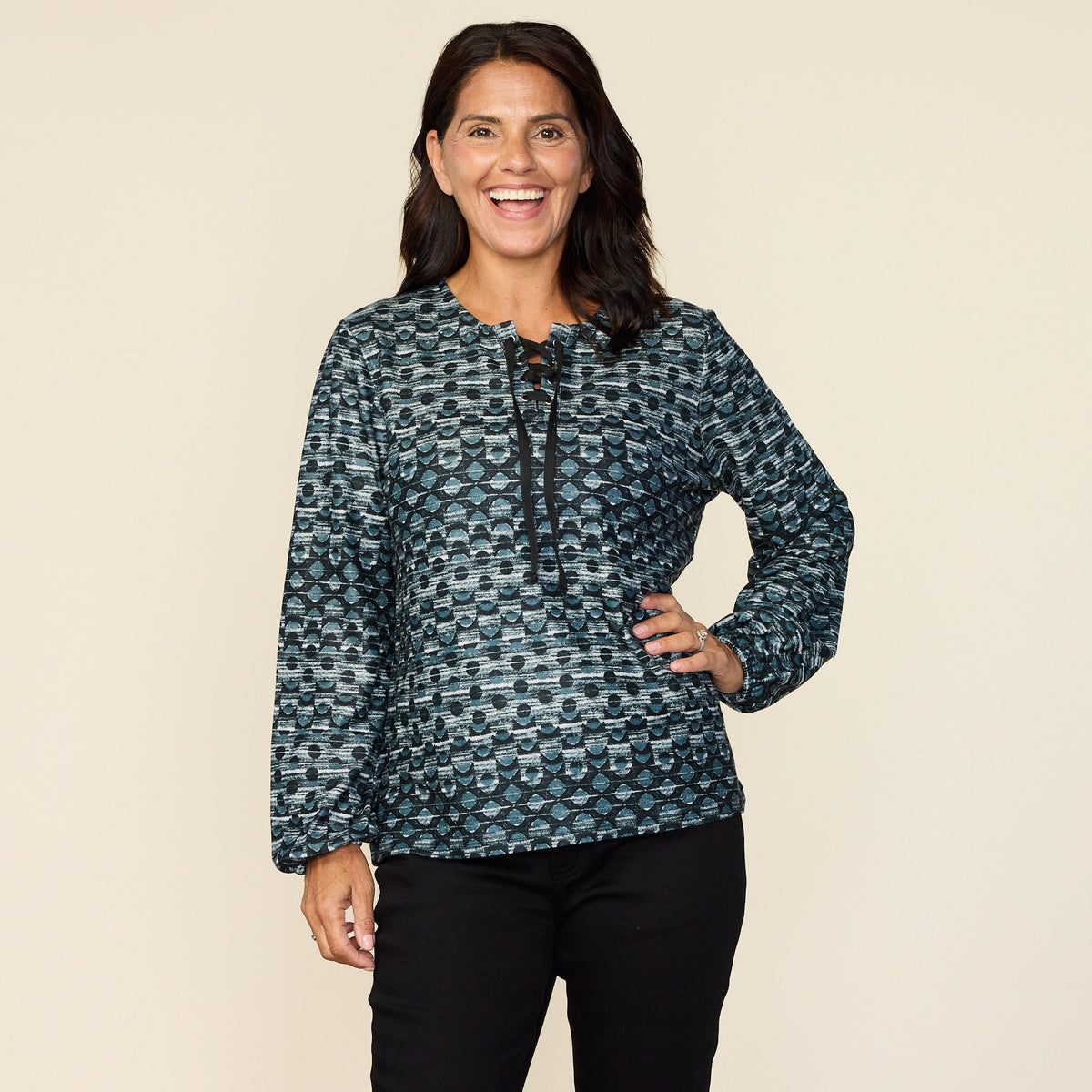 Dot Print Lace Up Neckline Top