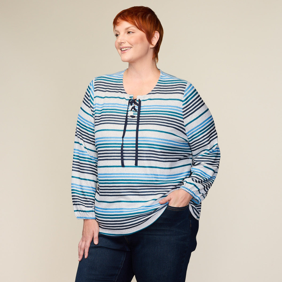 Stripe Print Lace Up Neckline Top
