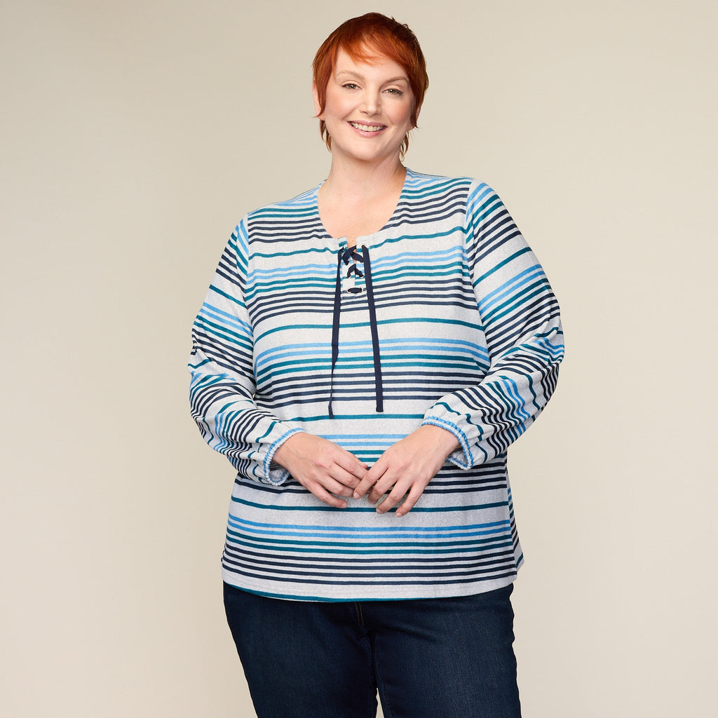Stripe Print Lace Up Neckline Top