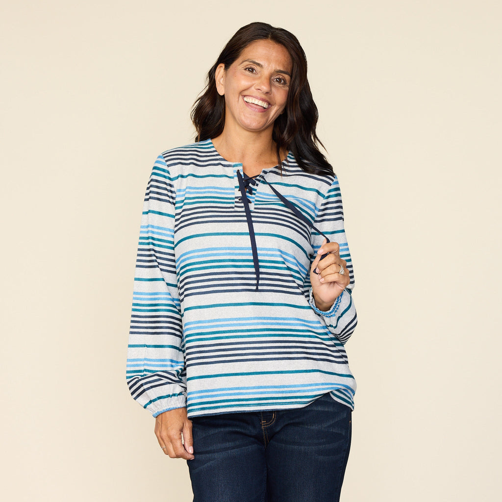 Stripe Print Lace Up Neckline Top