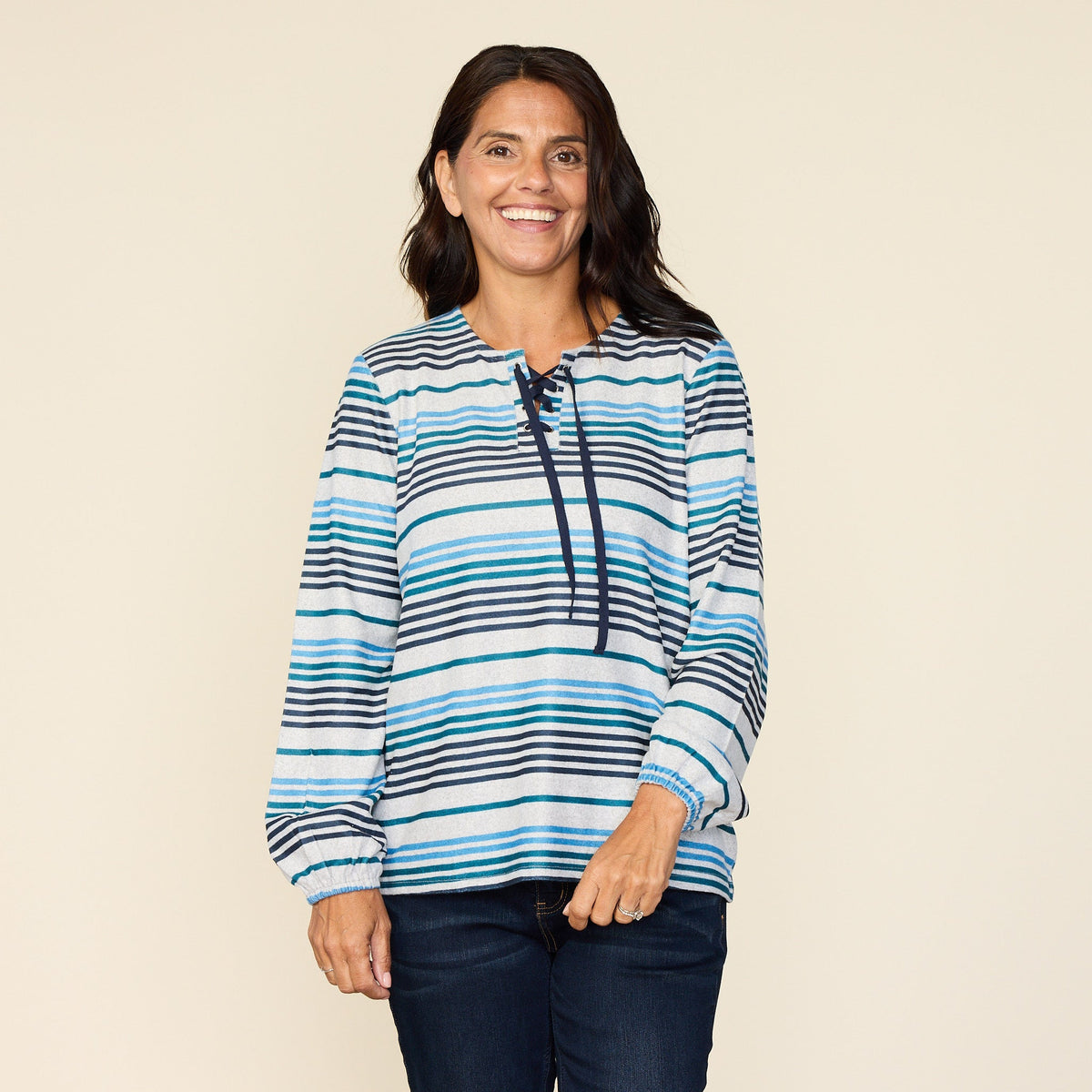 Stripe Print Lace Up Neckline Top