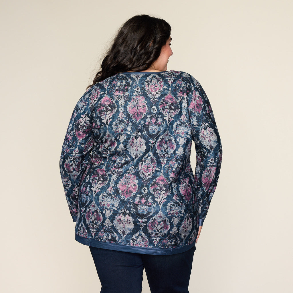 Medallion Print Mesh Trim Detail Long Sleeve Tee