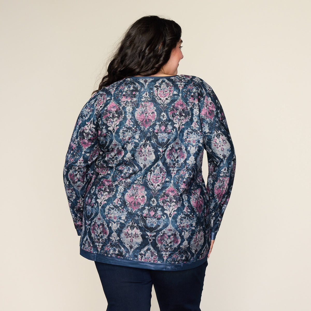 Medallion Print Mesh Trim Detail Long Sleeve Tee