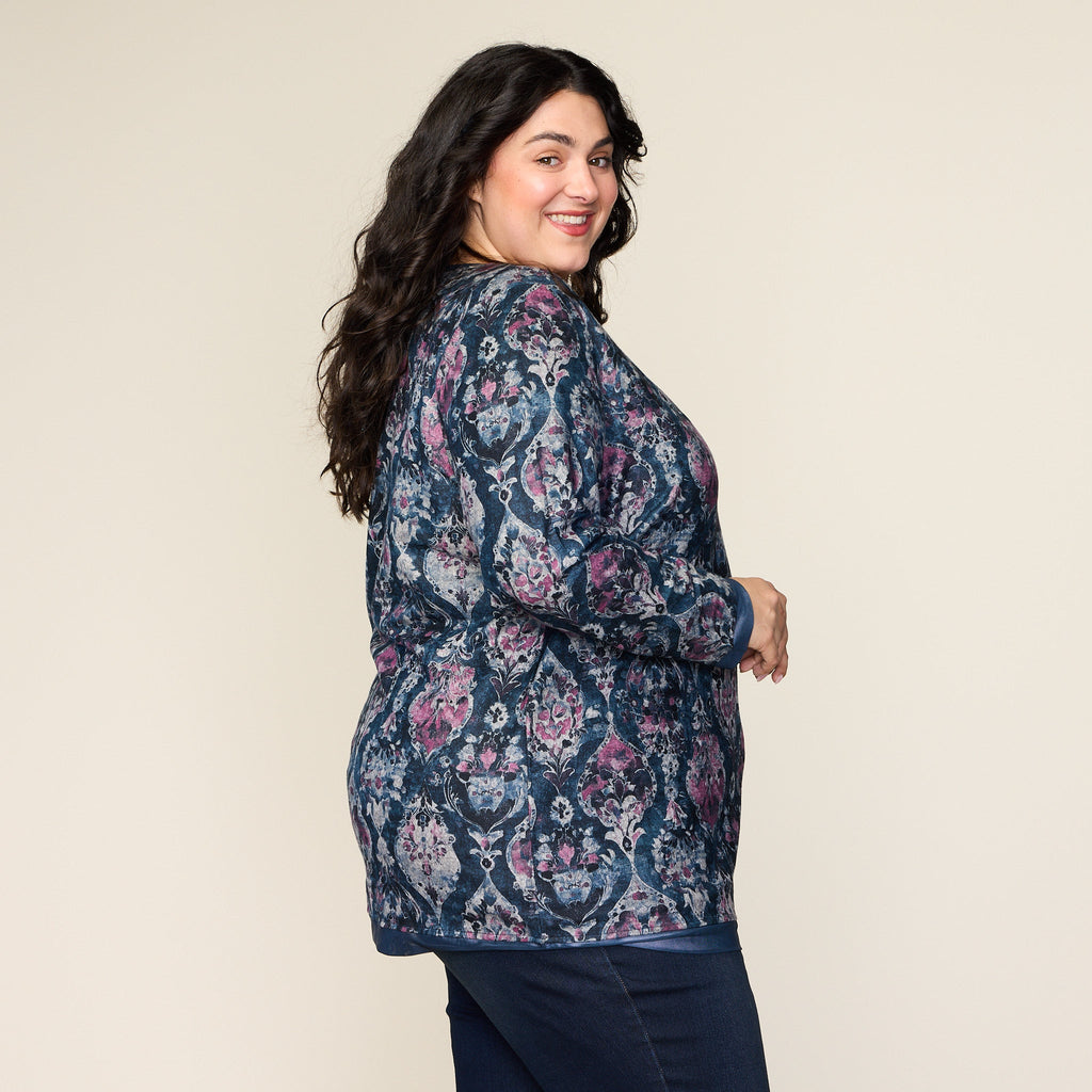 Medallion Print Mesh Trim Detail Long Sleeve Tee