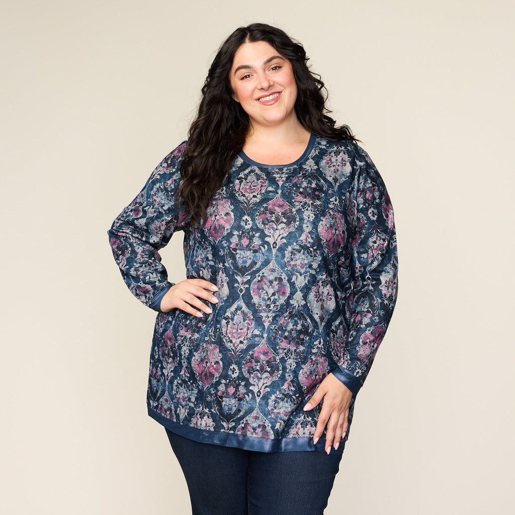 Medallion Print Mesh Trim Detail Long Sleeve Tee