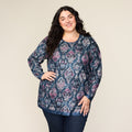 Medallion Print Mesh Trim Detail Long Sleeve Tee