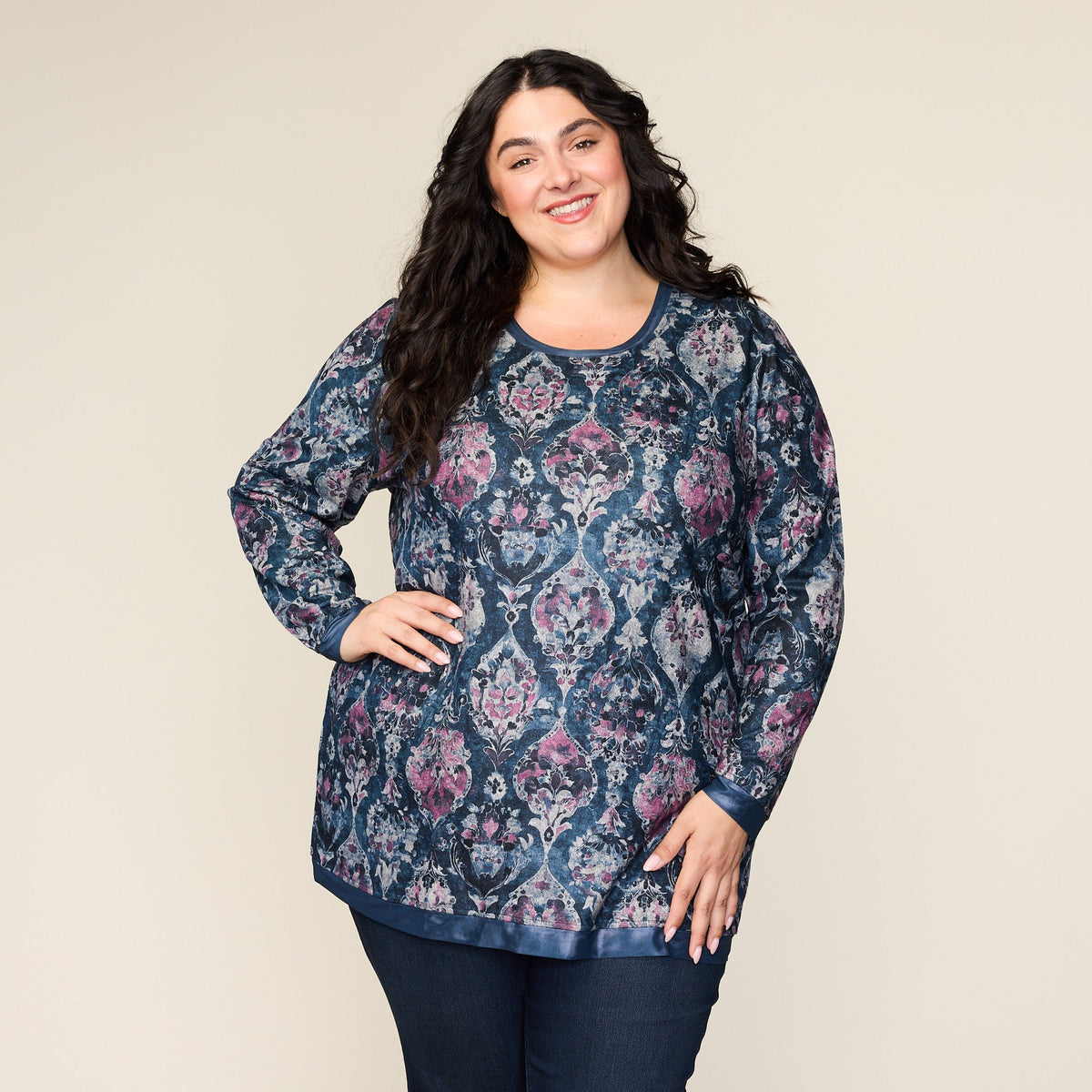 Medallion Print Mesh Trim Detail Long Sleeve Tee
