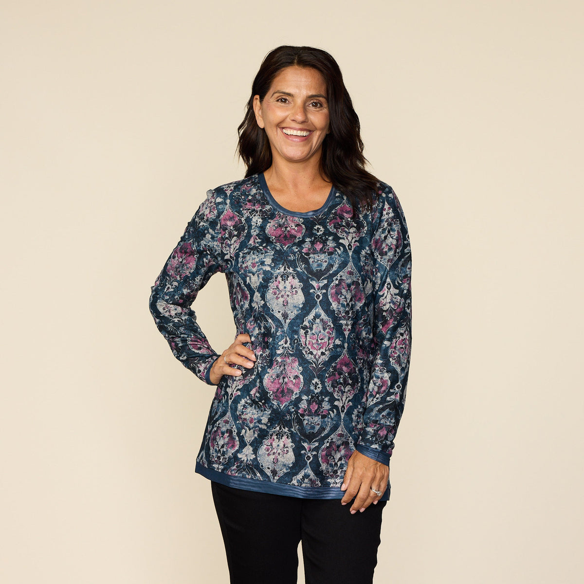Medallion Print Mesh Trim Detail Long Sleeve Tee