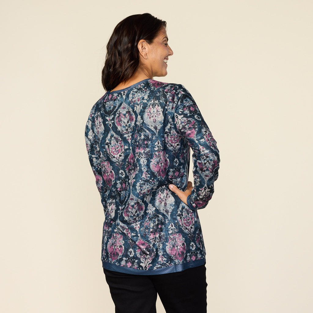 Medallion Print Mesh Trim Detail Long Sleeve Tee