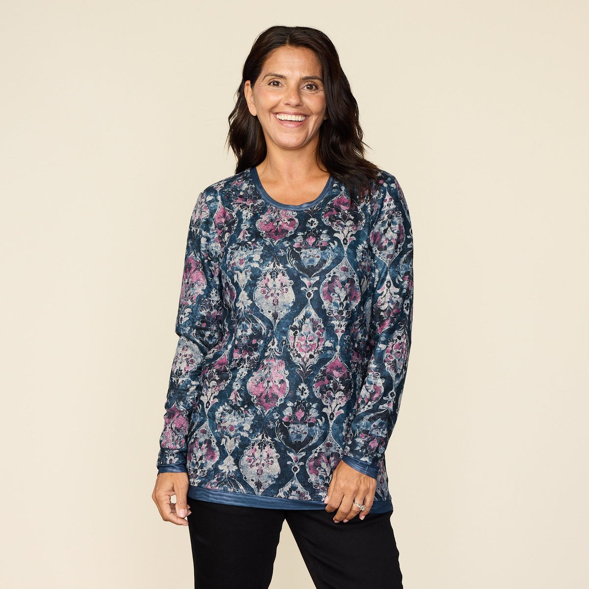 Medallion Print Mesh Trim Detail Long Sleeve Tee