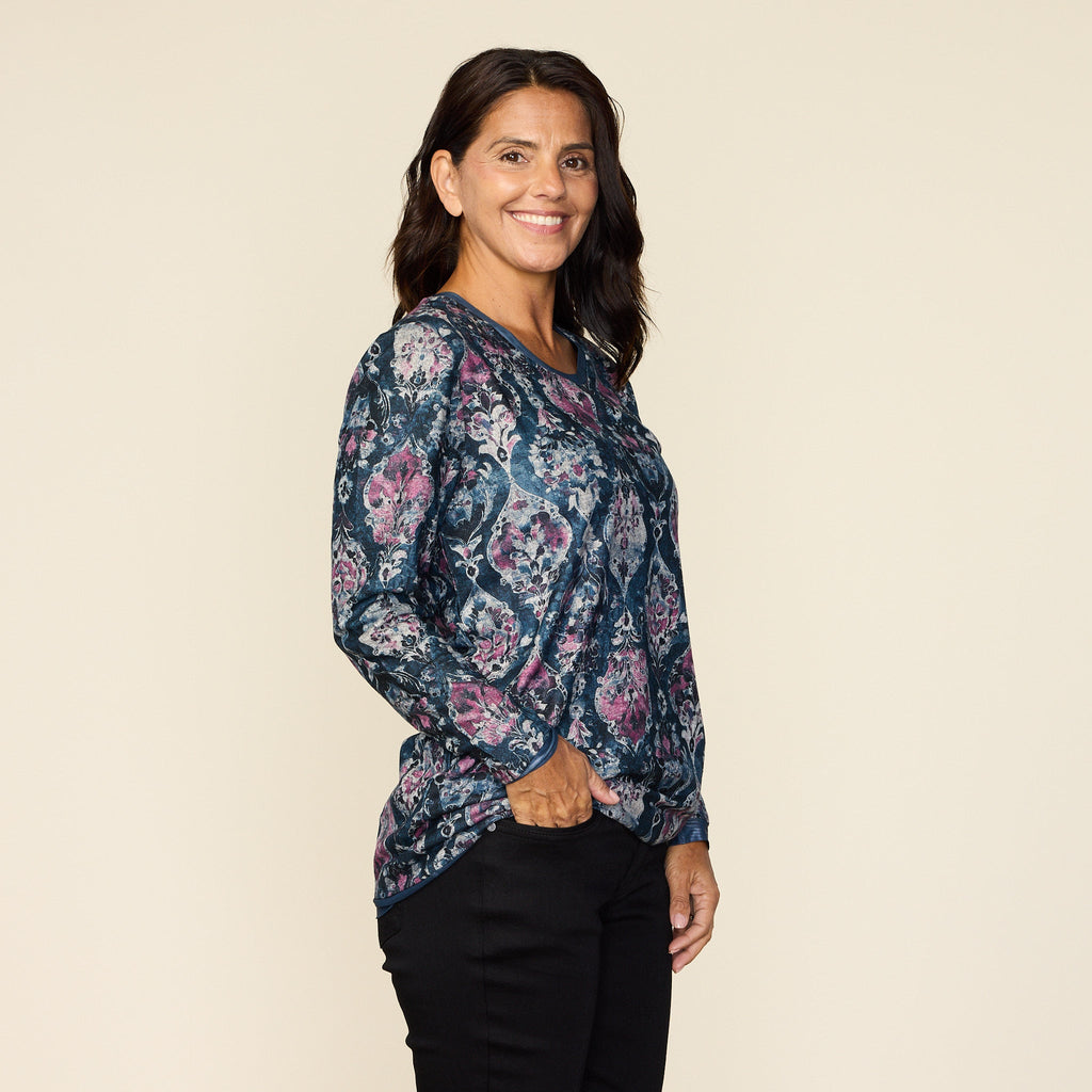 Medallion Print Mesh Trim Detail Long Sleeve Tee