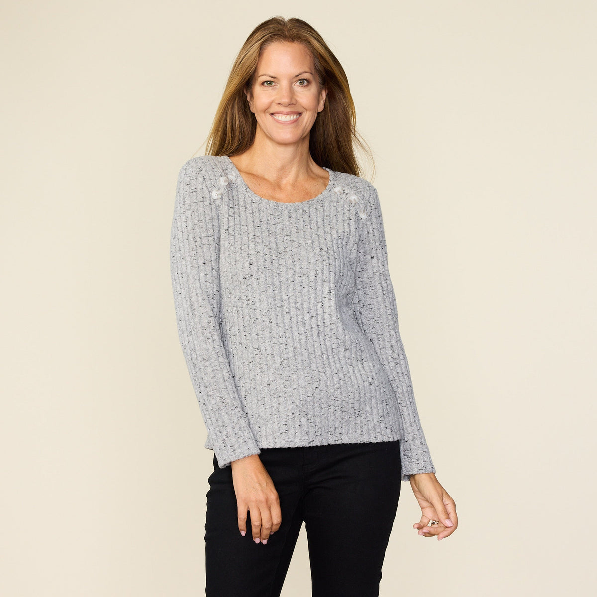 Button Detail Rib Knit Long Sleeve Tee