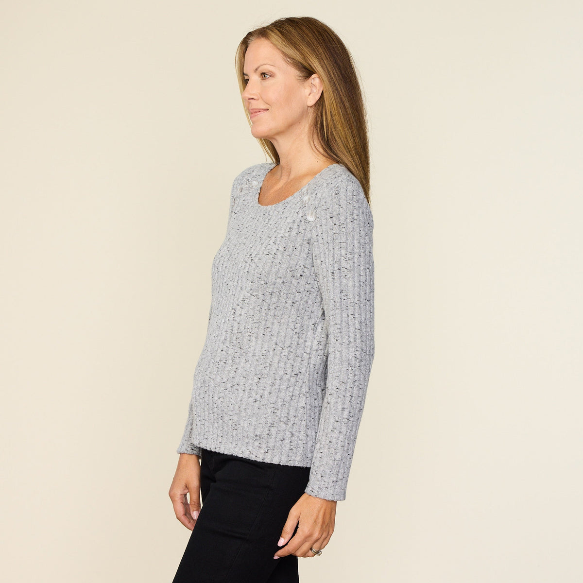 Button Detail Rib Knit Long Sleeve Tee