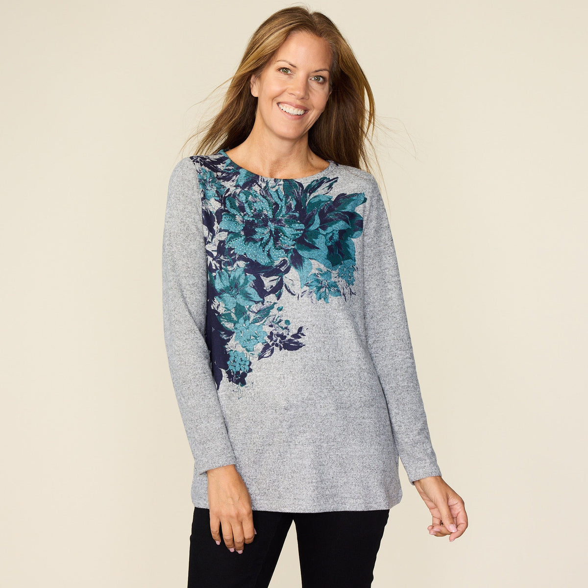 Embellished Placed Floral Print Long Sleeve Tunic