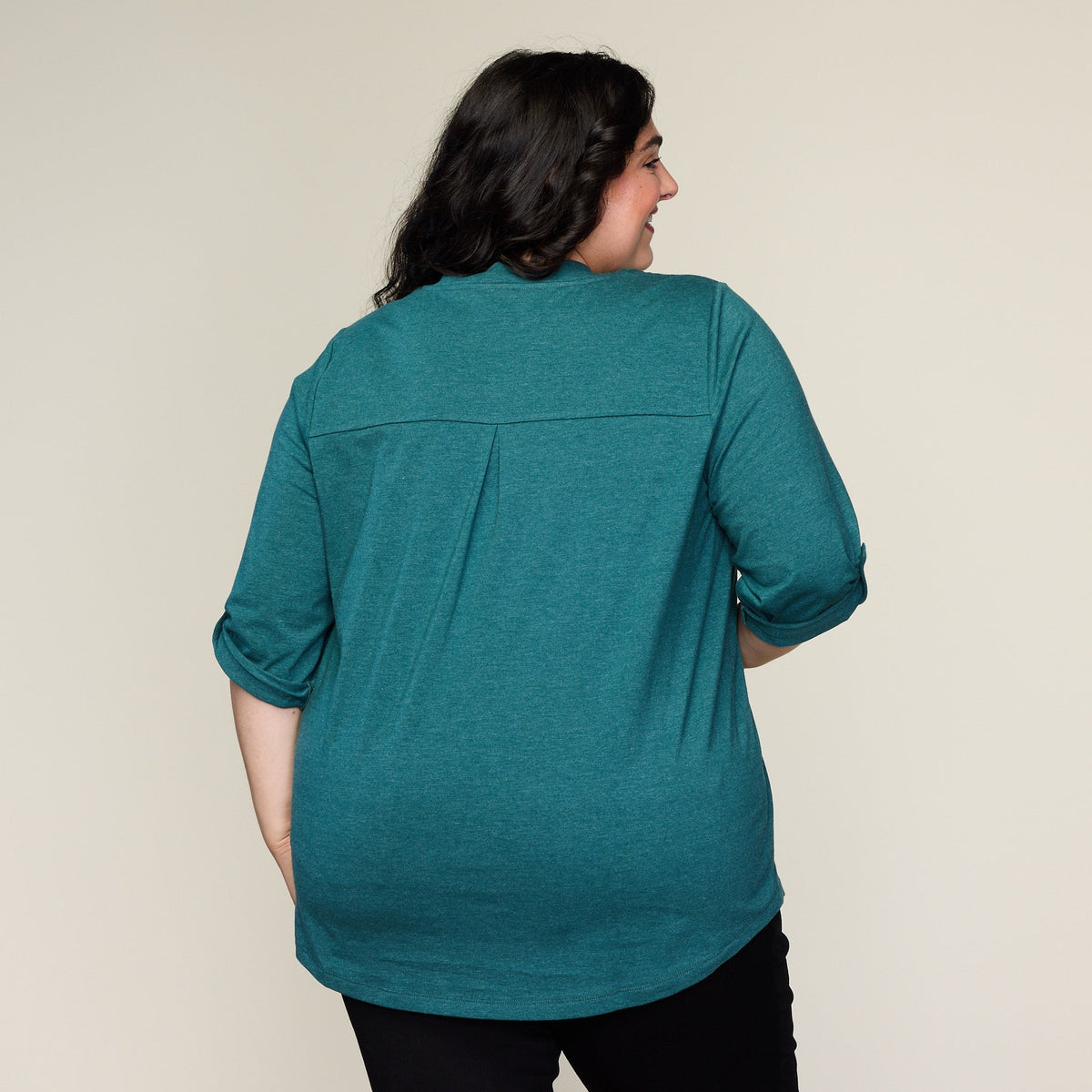 Rolled Cuff V Neck Top