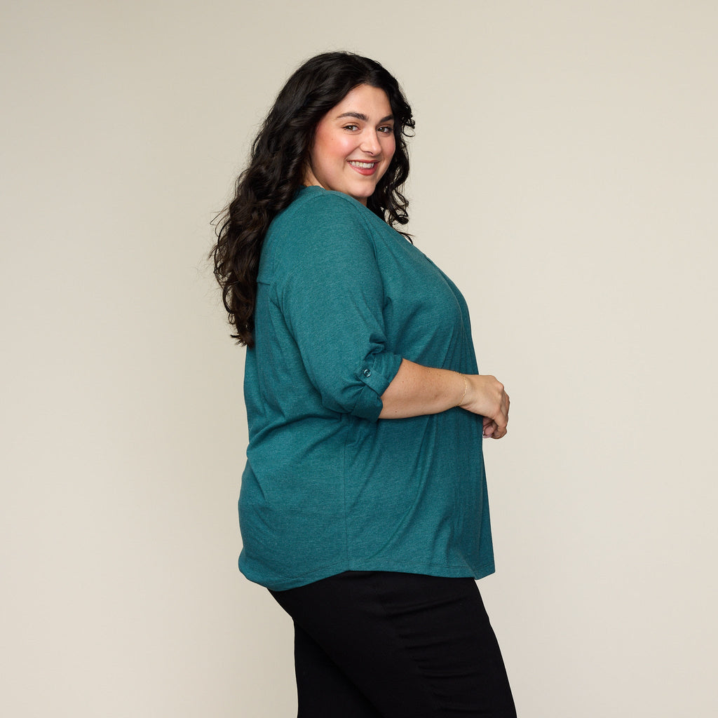 Rolled Cuff V Neck Top