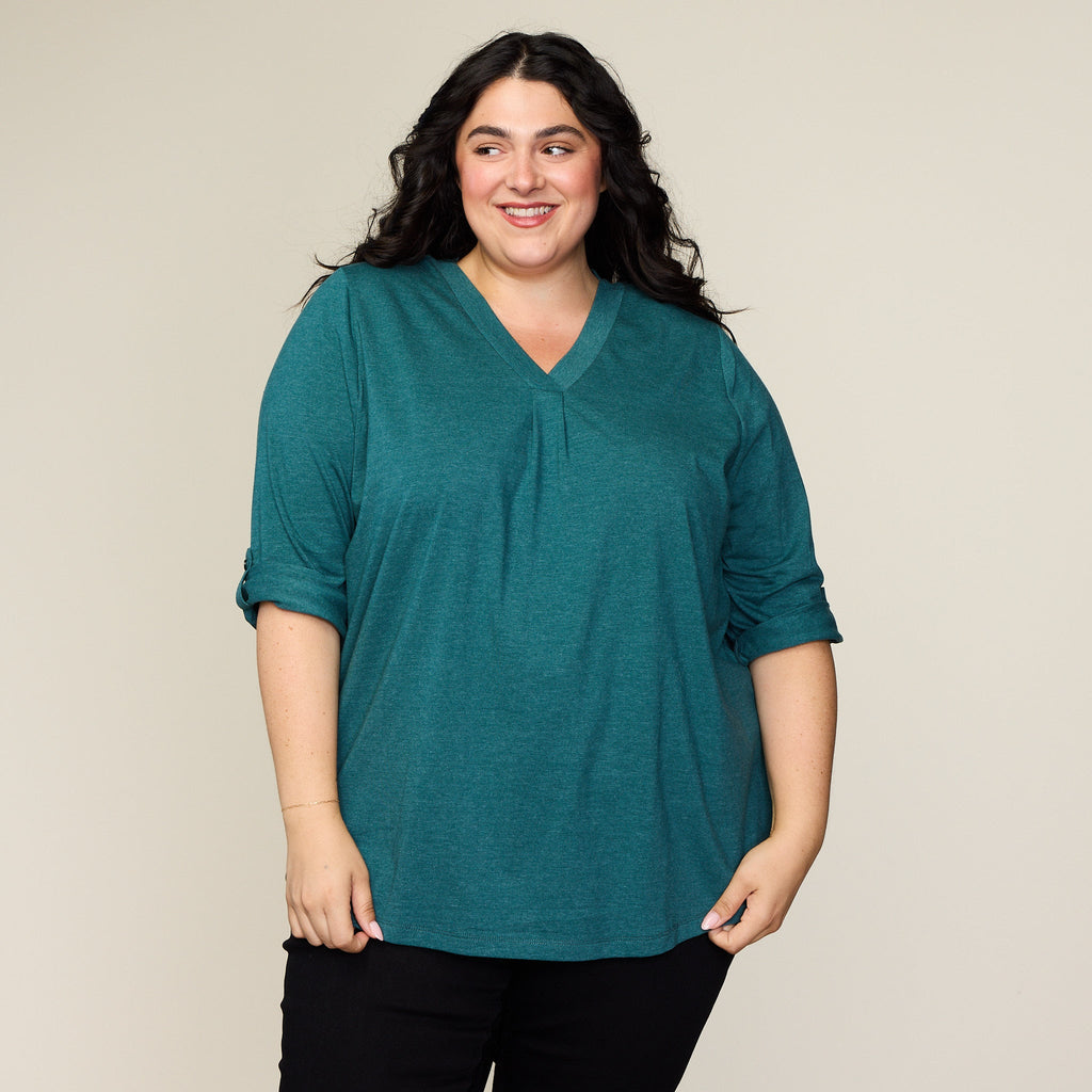 Rolled Cuff V Neck Top