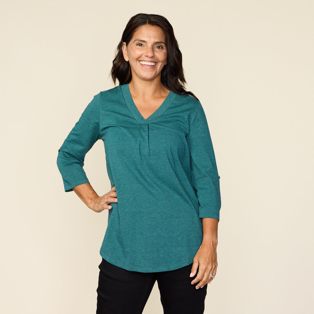 Rolled Cuff V Neck Top