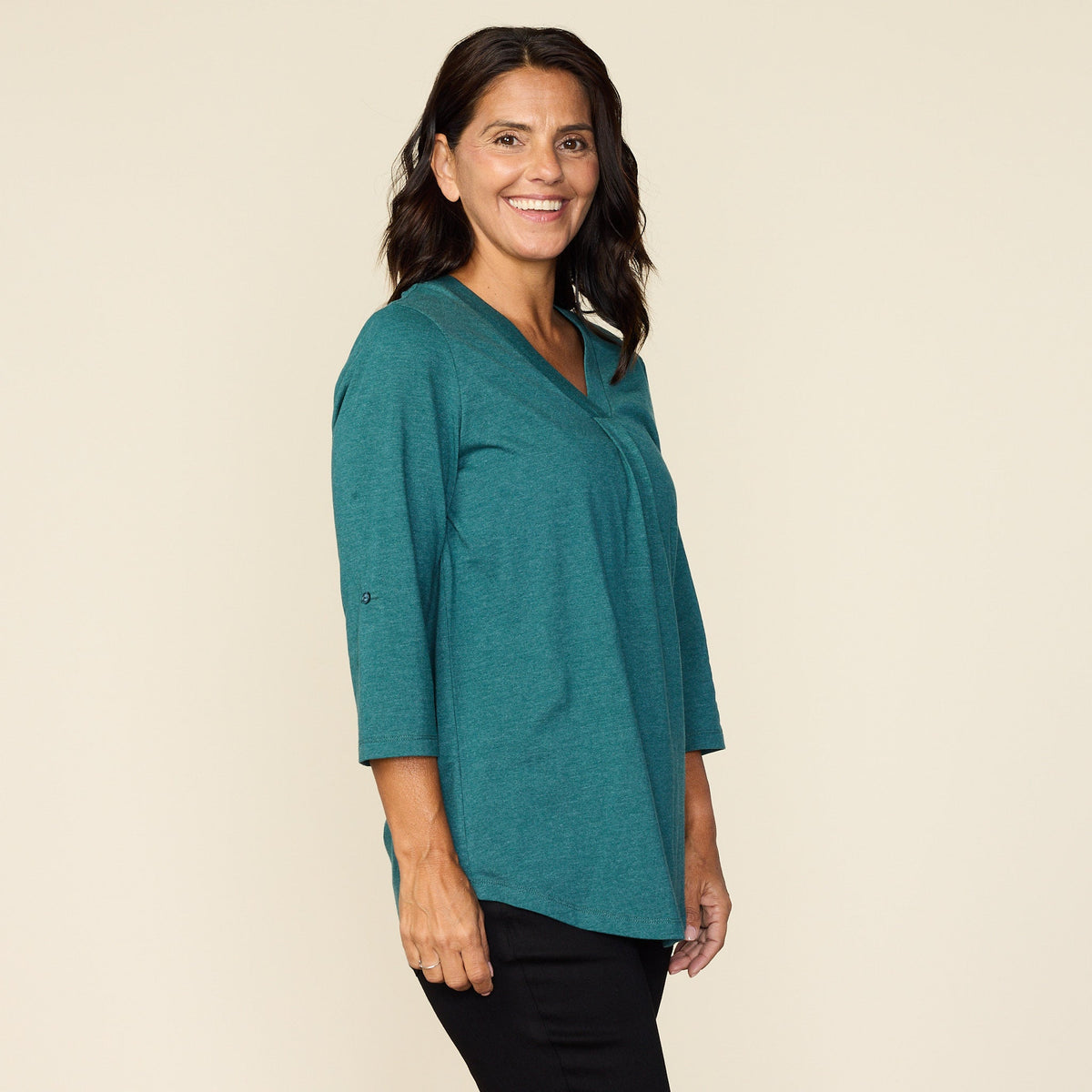Rolled Cuff V Neck Top