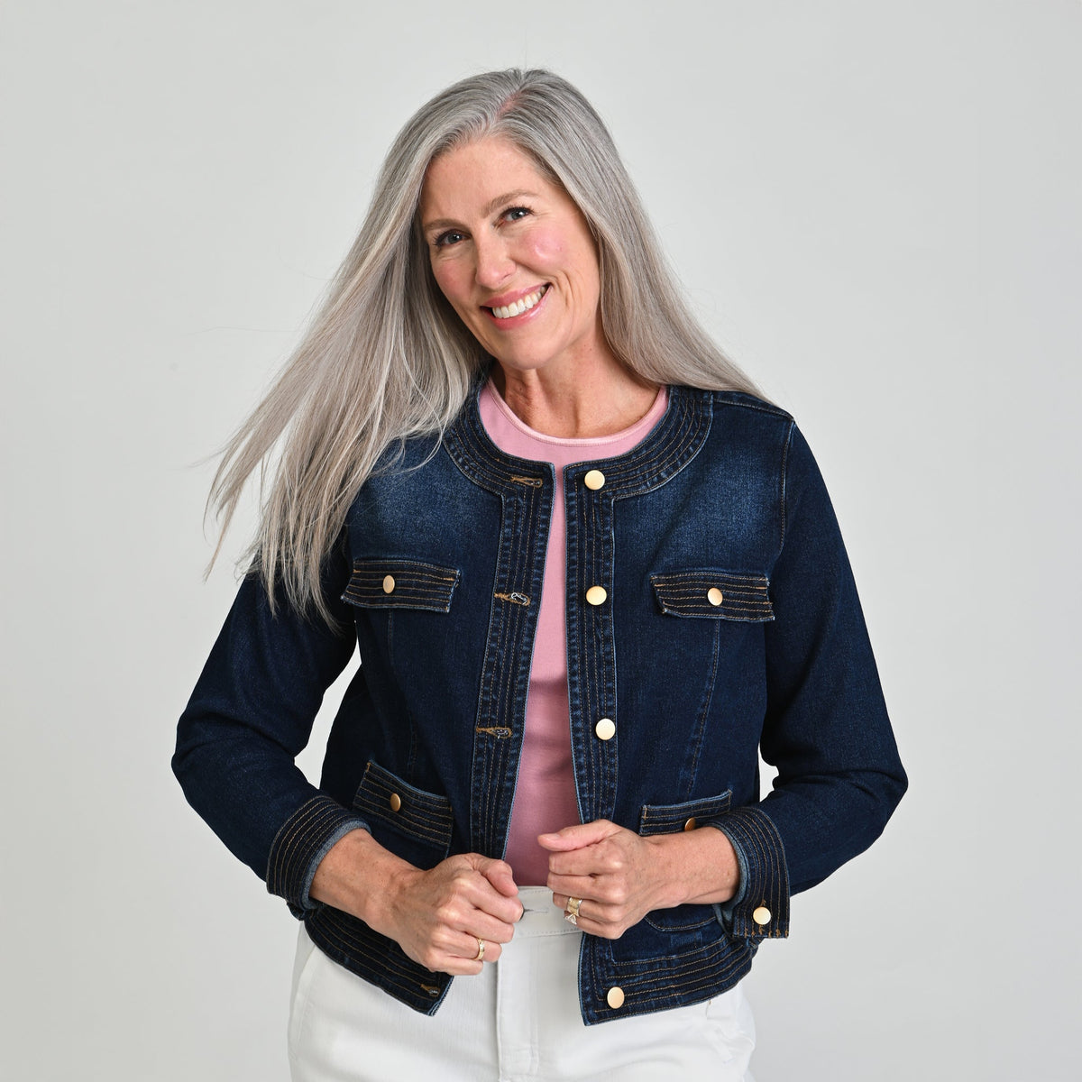 Button Front Collarless Denim Jacket