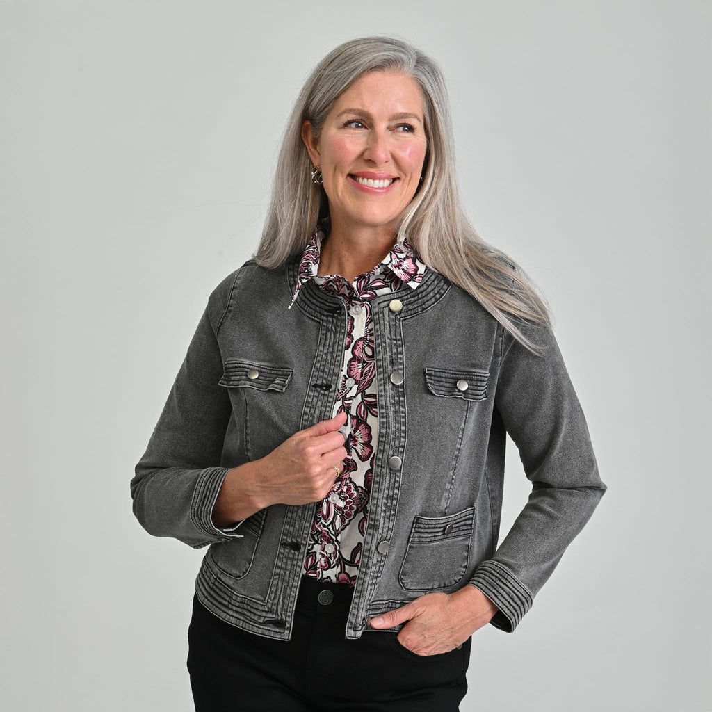 Button Front Collarless Denim Jacket