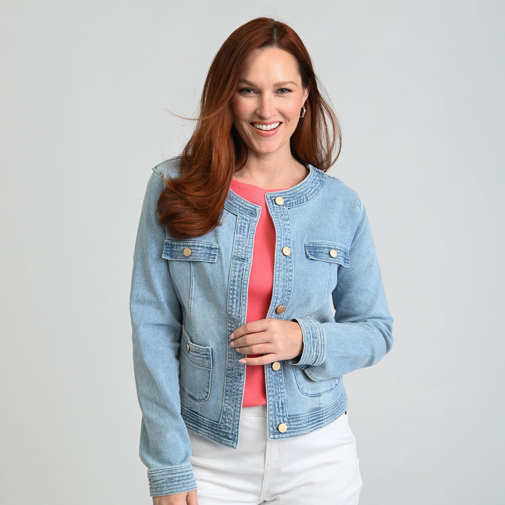 Button Front Collarless Denim Jacket