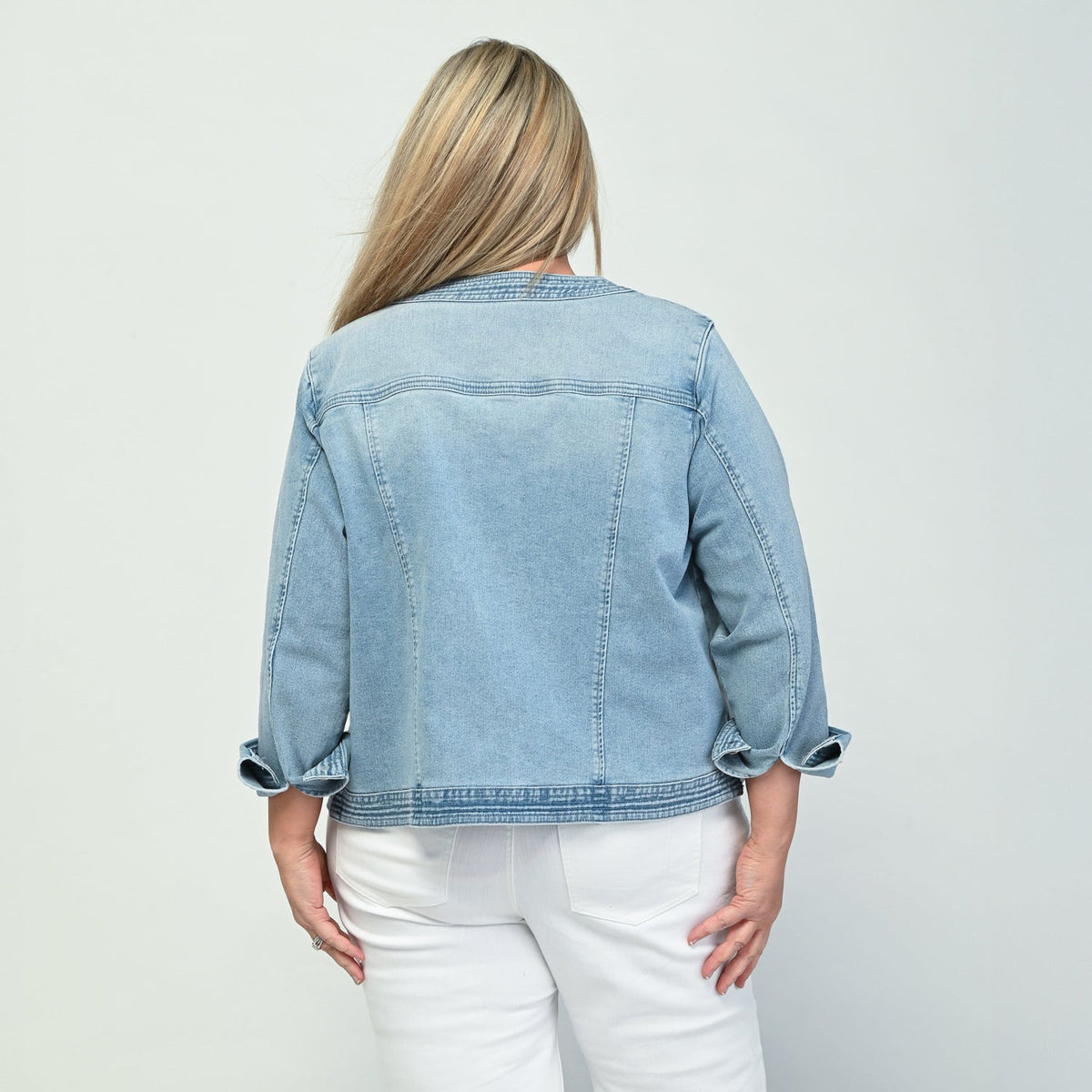 Button Front Collarless Denim Jacket