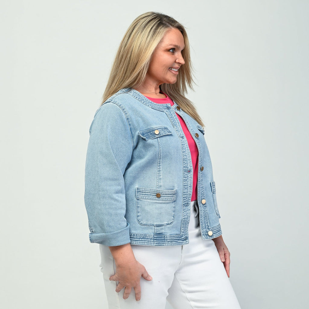 Button Front Collarless Denim Jacket