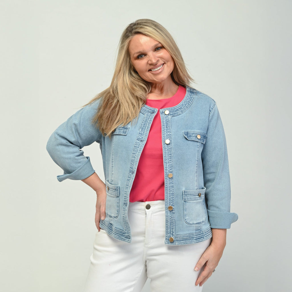 Button Front Collarless Denim Jacket