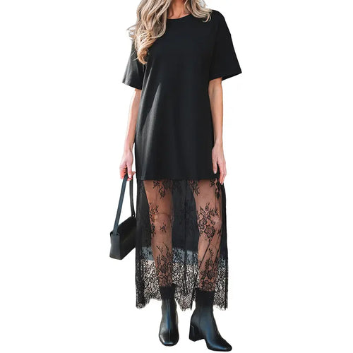 Oversized T-Shirt Maxi Dress with Sheer Lace Hem Drop Shoulder